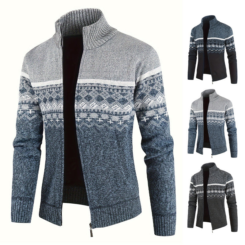 Herren Thermo-Strickjacke mit Stehkragen und Reißverschluss Norwegerstrick Fleece-gefüttert Drune