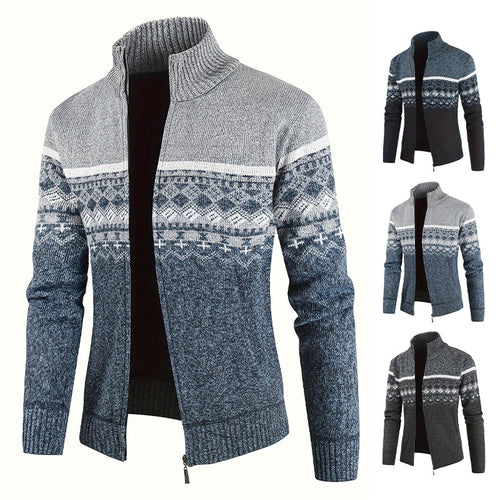Herren Thermo-Strickjacke mit Stehkragen und Reißverschluss Norwegerstrick Fleece-gefüttert Drune