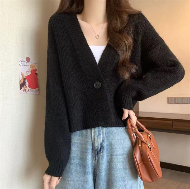 Damen lockere Strickjacke mit V-Ausschnitt und großen Knöpfen Drune