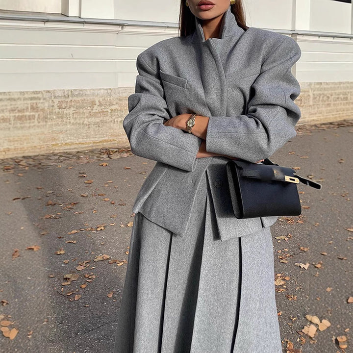 Damen elegante Oversize-Jacke mit hohem Kragen und strukturierten Ärmeln Drune