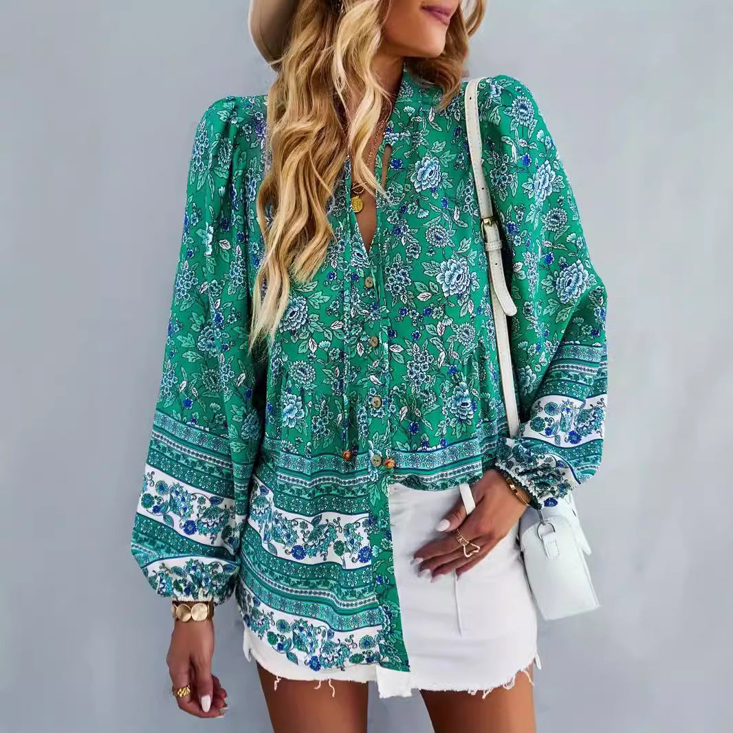 Damen Blusentop mit buntem Blumenmuster und Volantärmeln Drune