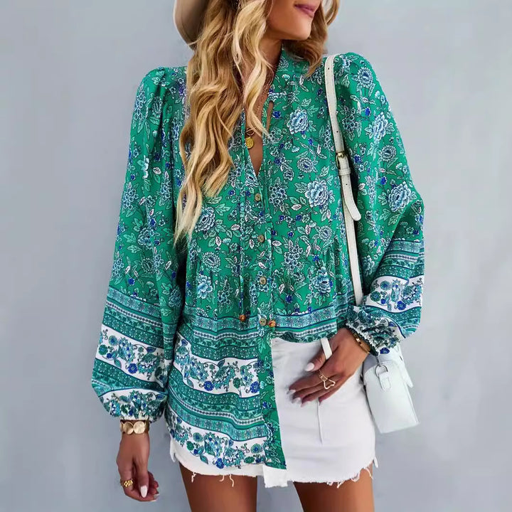 Damen Blusentop mit buntem Blumenmuster und Volantärmeln Drune