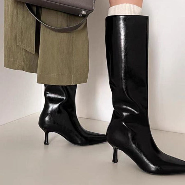 Damen Kniehohe Lackstiefel mit spitzer Zehenform und schlankem Kitten-Absatz Drune
