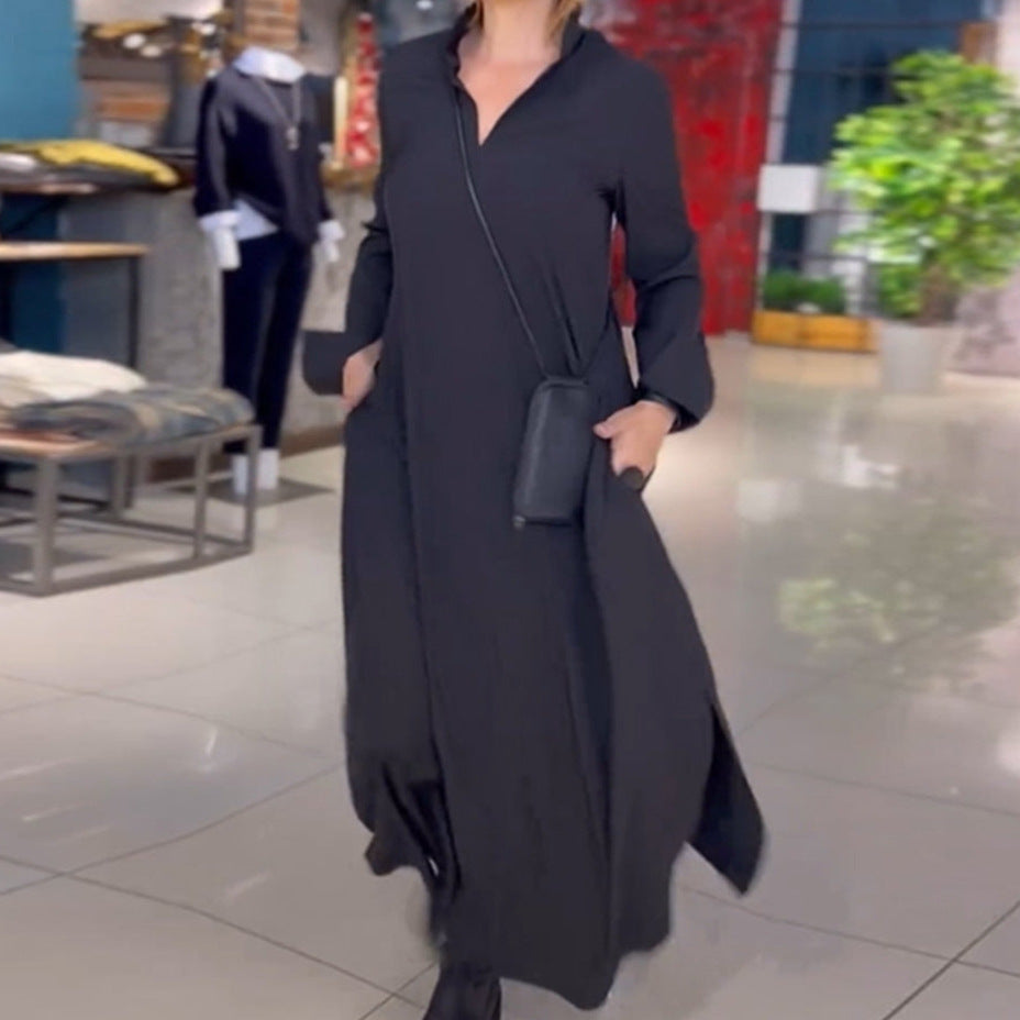 Damen Lange Maxi Kleid mit Stehkragen, Seitentaschen und Lockerem Fall Drune
