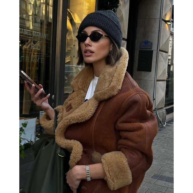 Damen Oversize Lammfell‑Optik Fliegerjacke mit voluminösem Schalkragen Drune