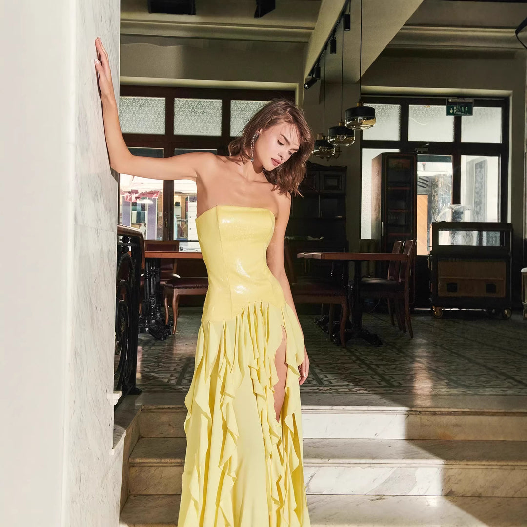 Damen Rüschen Abendkleid mit schimmerndem Oberteil und elegantem Schnitt Drune