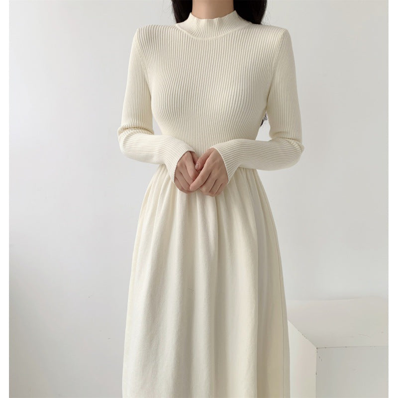 Damen elegantes Strickkleid mit hohem Kragen und fließendem Rock Drune