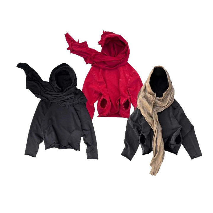 Unisex nan Kapuzenpullover im Gebrauchsspurenstil mit angeschlossenem Schlauchschal und ausgefransten Öffnungen Drune