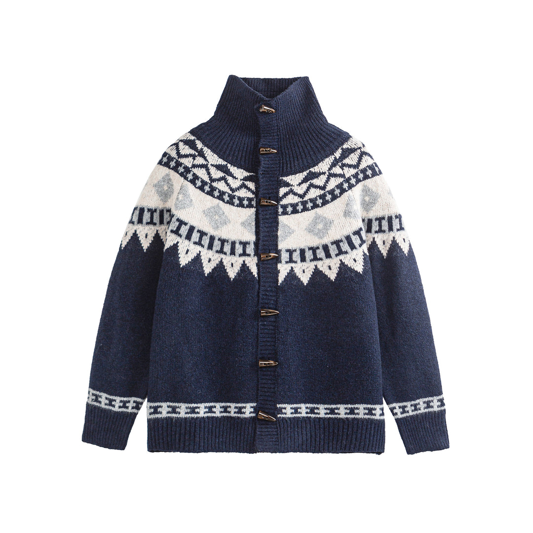 Damen Norwegermuster Strickcardigan mit hohem Stehkragen und Knebelverschlüssen Drune