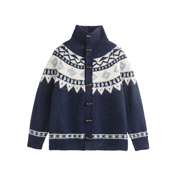 Damen Norwegermuster Strickcardigan mit hohem Stehkragen und Knebelverschlüssen Drune