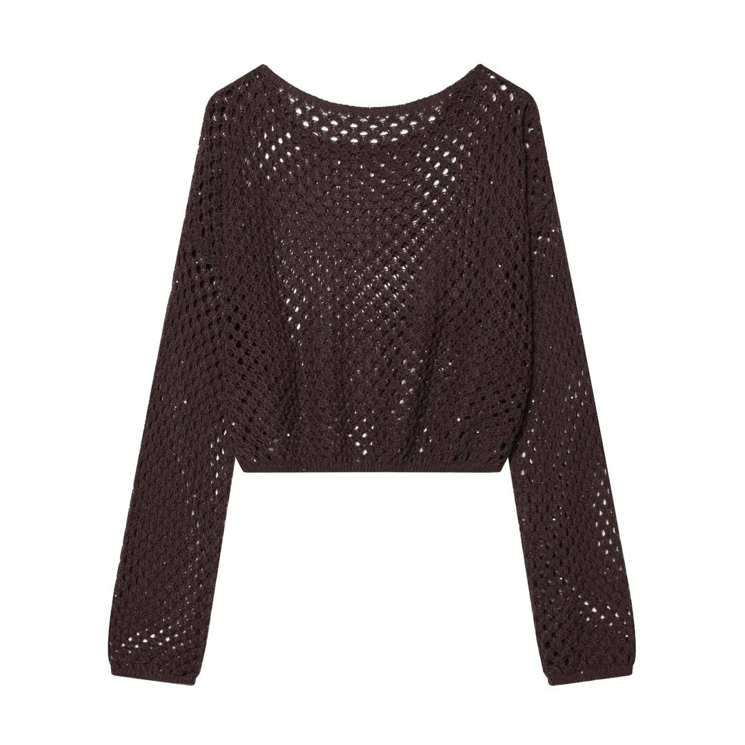 Damen Lockerer gehäkelter Cropped‑Pullover mit Ajourmuster Drune