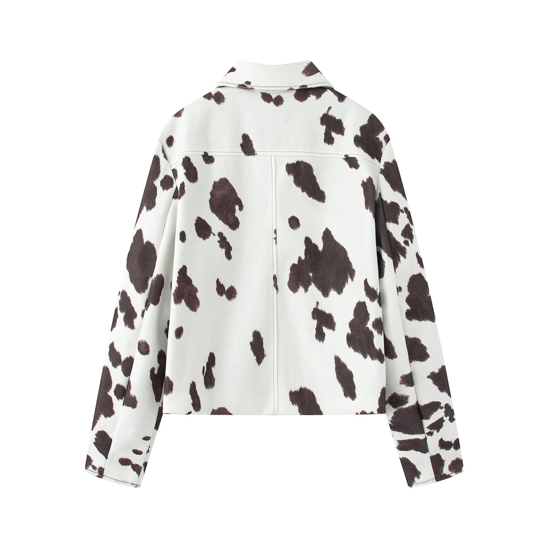 Damen nan cropped Hemdjacke mit Kuhfleck-Print, Boxy-Silhouette und Druckknopfleiste Drune