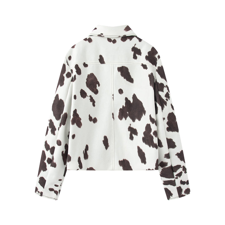 Damen nan cropped Hemdjacke mit Kuhfleck-Print, Boxy-Silhouette und Druckknopfleiste Drune