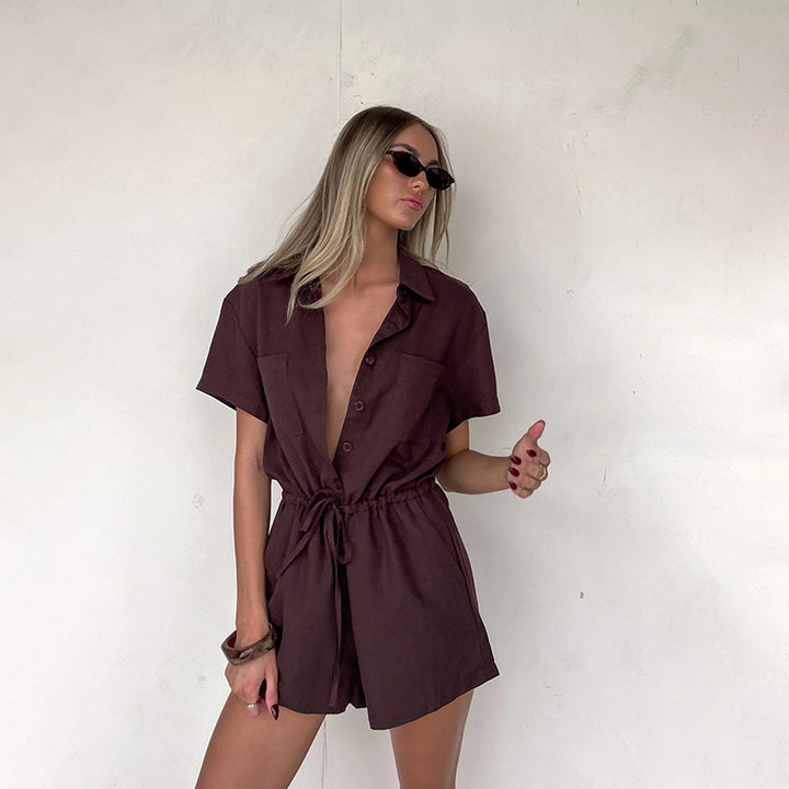 Damen lässiger Kurzarm-Jumpsuit mit Taillierung Drune