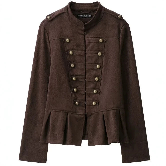 Damen Militärjacke aus Wildlederimitat mit Stehkragen und Schößchen Drune