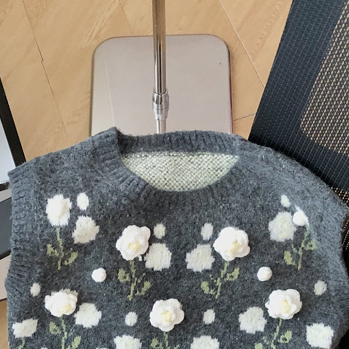 Damen Modischer Strickpullover mit Blumenapplikationen Drune