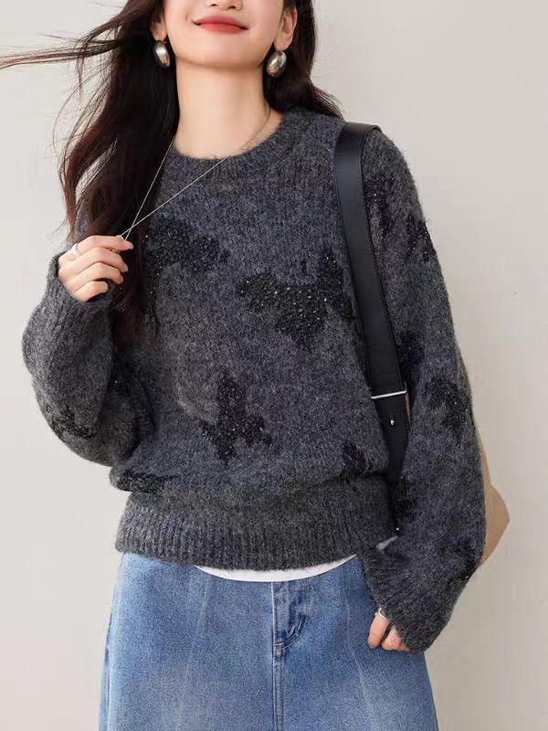 Damen stylischer Strickpullover mit glitzernden Schmetterlingsapplikationen Drune