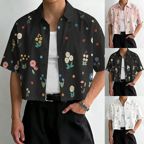 Damen nan kastig geschnittene Kurzarm-Hemdbluse mit floralem Allover-Print, Hemdkragen und kurzem Saum Drune