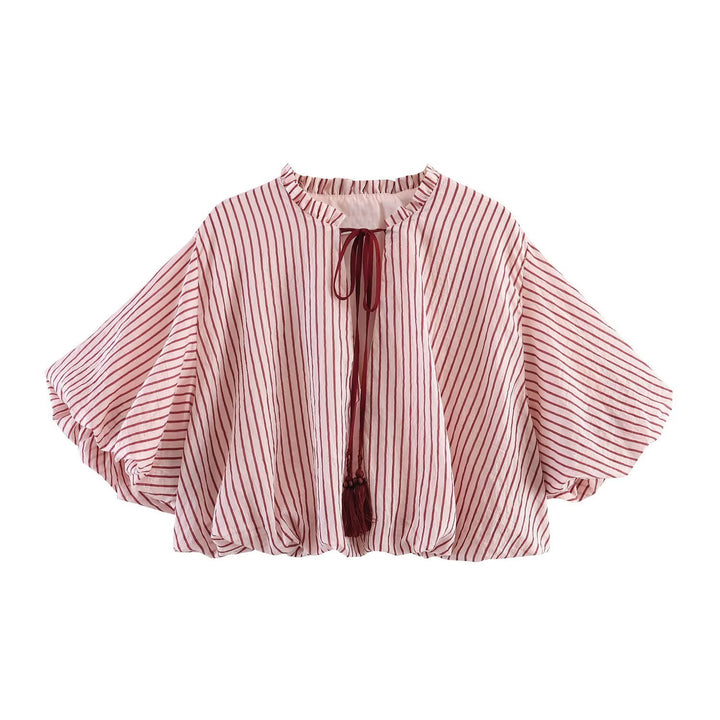 Damen Gestreifte Oversize-Bluse mit Quastenband und Volumenärmeln Drune