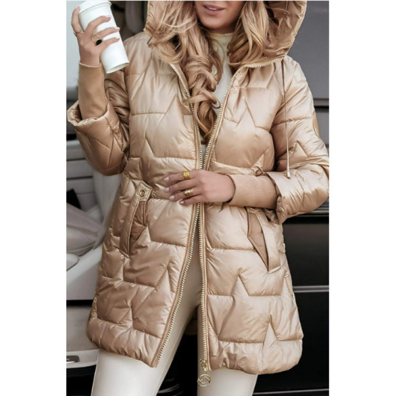 Damen Longline Steppjacke mit abnehmbarem Kapuzenfutter und seitlichen Reißverschlusstaschen Drune