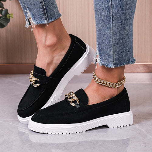Damen  elegante Slipper mit Plateau-Laufsohle, goldener Schmuckkette und gepolstertem Komfortfußbett Drune