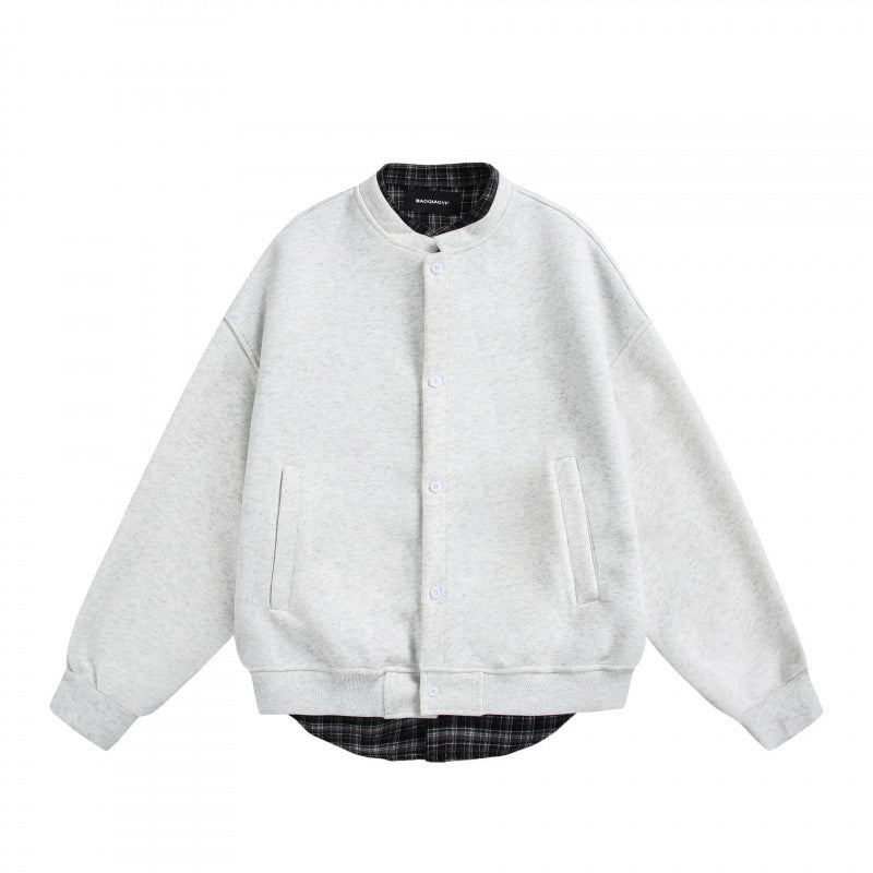 Herren Oversize-Sweatjacke im College‑Stil mit verdeckter Druckknopfleiste und kariertem Innenfutter Drune
