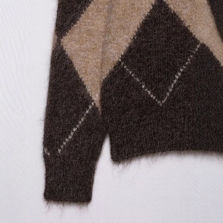 Damen lässiger Strickpullover mit modernem Rauten-Muster Drune