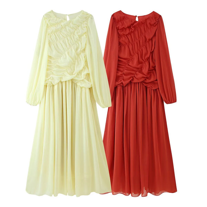 Damen 200+ langes Maxikleid mit Rüschenfront, Chiffon‑Lagen und Plissiertem Rock Drune