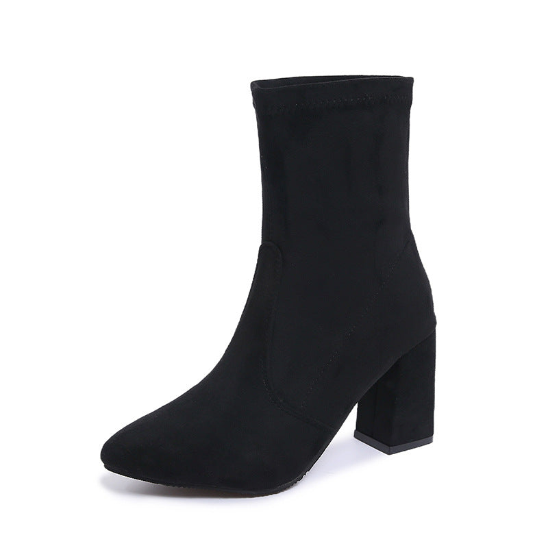 Damen nan knöchelhohe Stretch-Stiefelette mit spitzer Vorderkappe und komfortablem Blockabsatz Drune