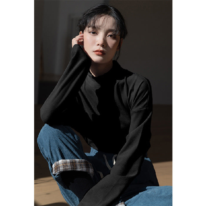 Damen elegantes Longsleeve-Oberteil mit hohem Kragen Drune