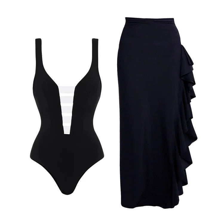 Damen eleganter Einteiler mit raffiniertem Transparentstreifen und voluminösem Maxi-Rock Drune