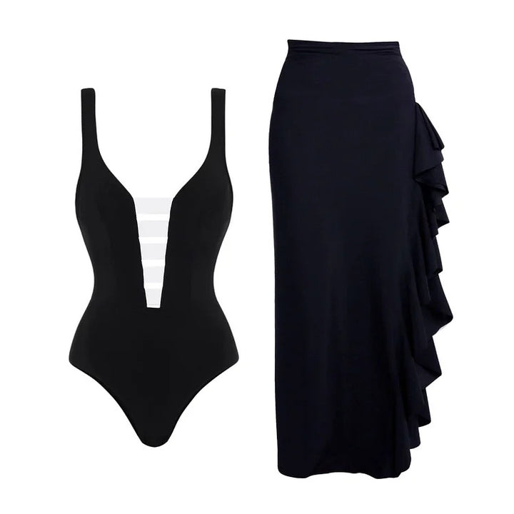 Damen eleganter Einteiler mit raffiniertem Transparentstreifen und voluminösem Maxi-Rock Drune