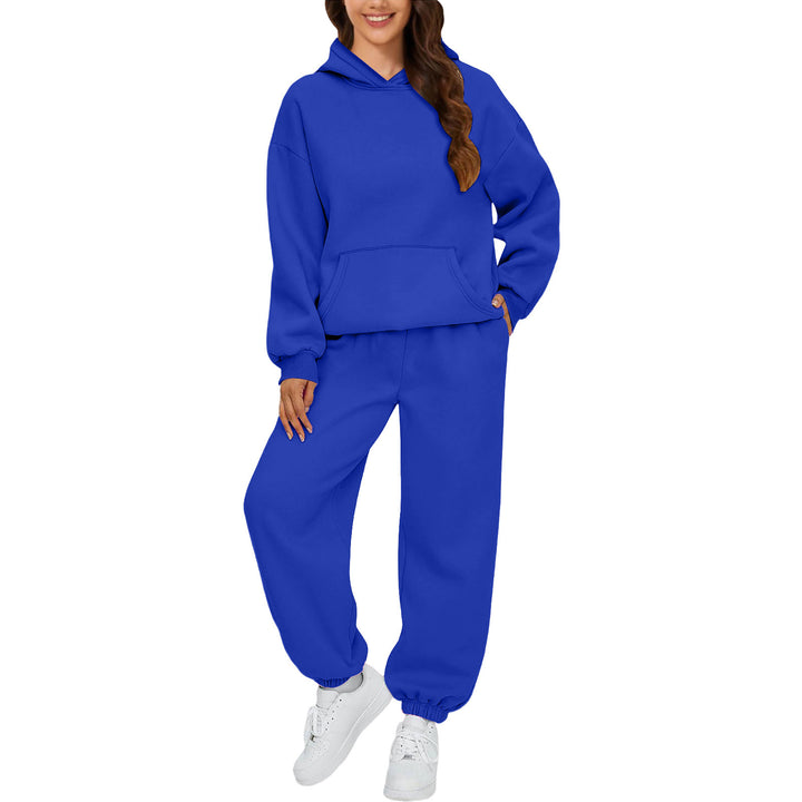 Damen nan gemütliches French-Terry Loungewear-Set mit doppellagiger Kapuze, Kängurutasche und elastischem Knöchel-Jogger Drune