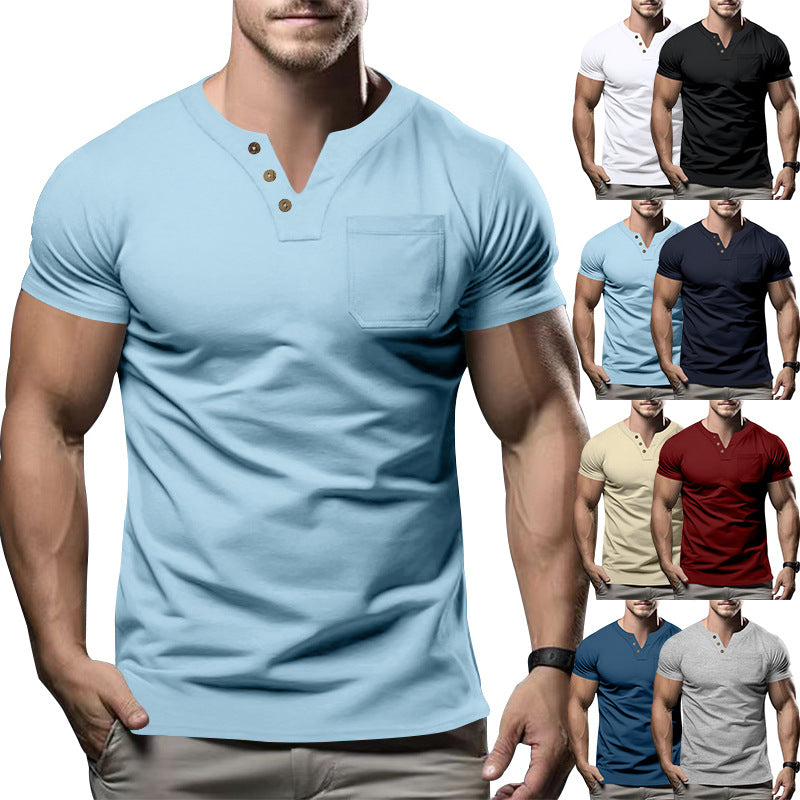 Herren nan tailliertes Kurzarm-Henleyshirt mit Brusttasche und asymmetrischer Knopfleiste Drune