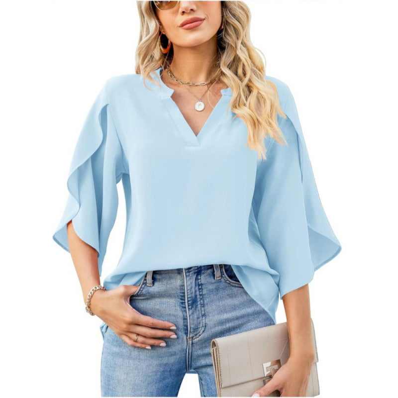 Damen Chiffonbluse mit V-Ausschnitt und eleganten Rüsenärmel Drune
