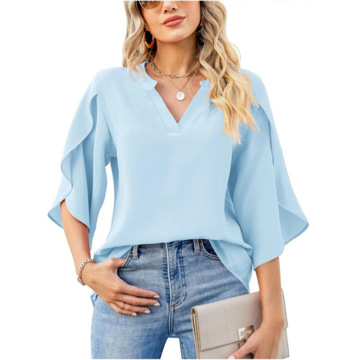 Damen Chiffonbluse mit V-Ausschnitt und eleganten Rüsenärmel Drune