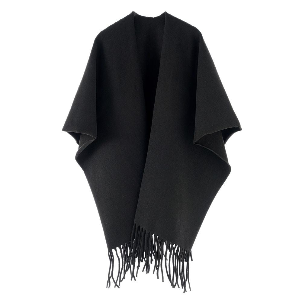 Damen Minimalistischer Wollcape-Überwurf mit Fransensaum und offenem Fall Drune