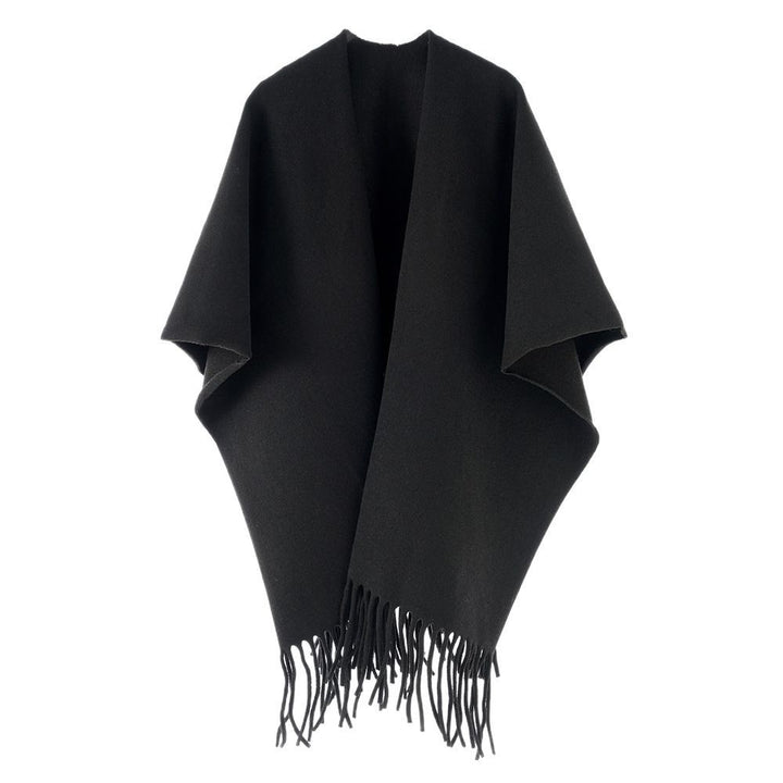 Damen Minimalistischer Wollcape-Überwurf mit Fransensaum und offenem Fall Drune