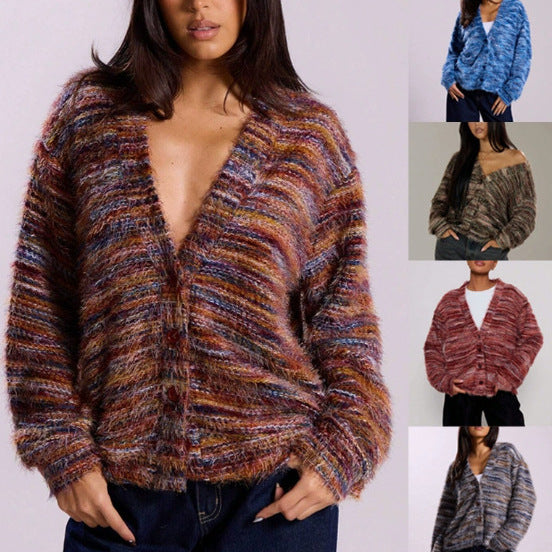 Damen Oversize-Flauschpullover mit weitem Carmen‑Ausschnitt und melierter Strickstruktur Drune