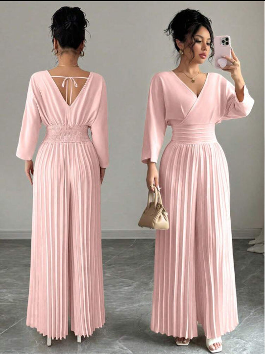 Damen Eleganter Plissee-Jumpsuit mit V-Ausschnitt Drune