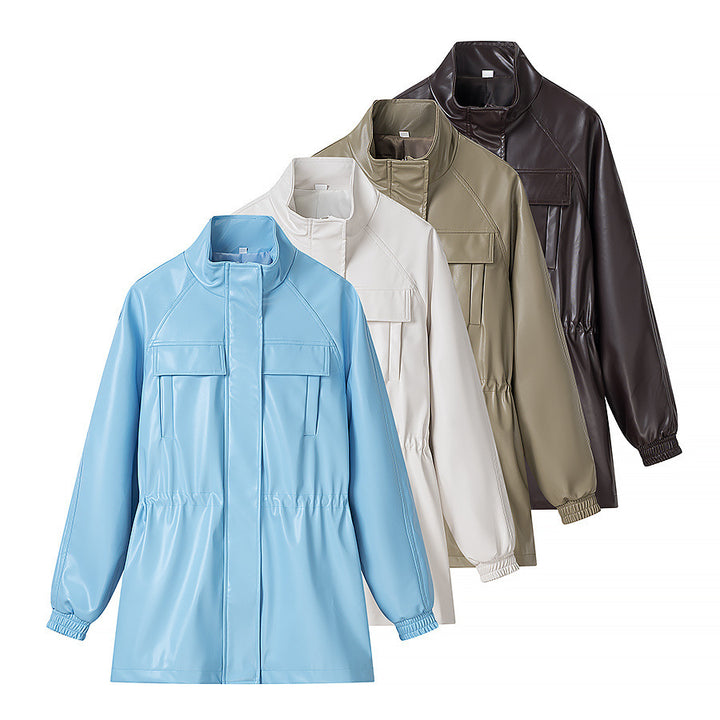 Damen Kunstleder-Parka mit Tunnelzugtaillen, Stehkragen und Pattentaschen Drune