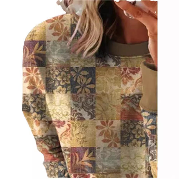 Damen Langarmshirt im Patchwork-Quilt-Design mit weichem Rundhalsausschnitt und kontrastierenden Bündchen Drune