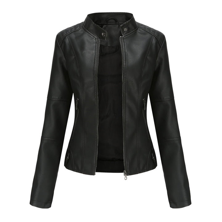 Damen nan taillierte Kunstlederjacke mit Stehkragen und durchgehendem Reißverschluss Drune
