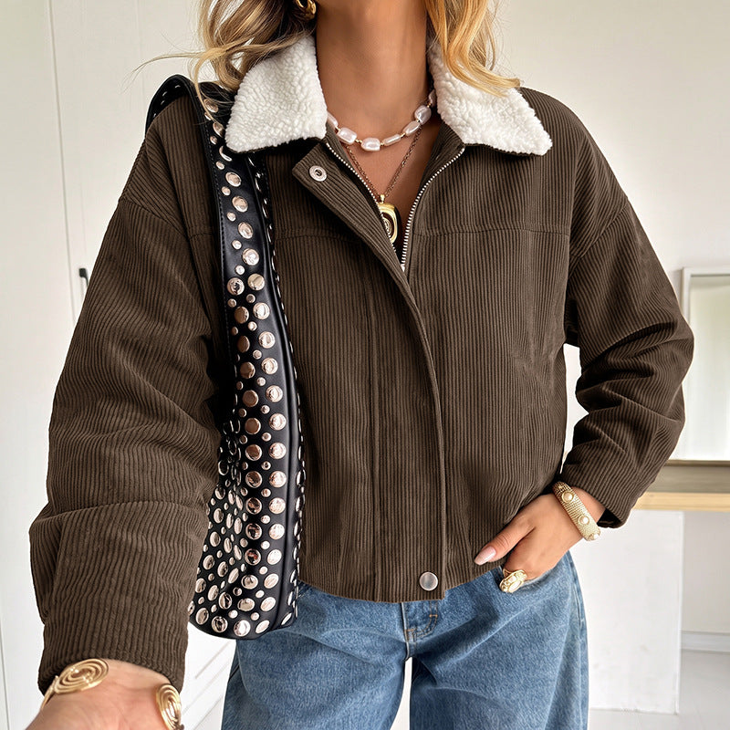Damen Modische Cordjacke mit Fleecekragen Drune