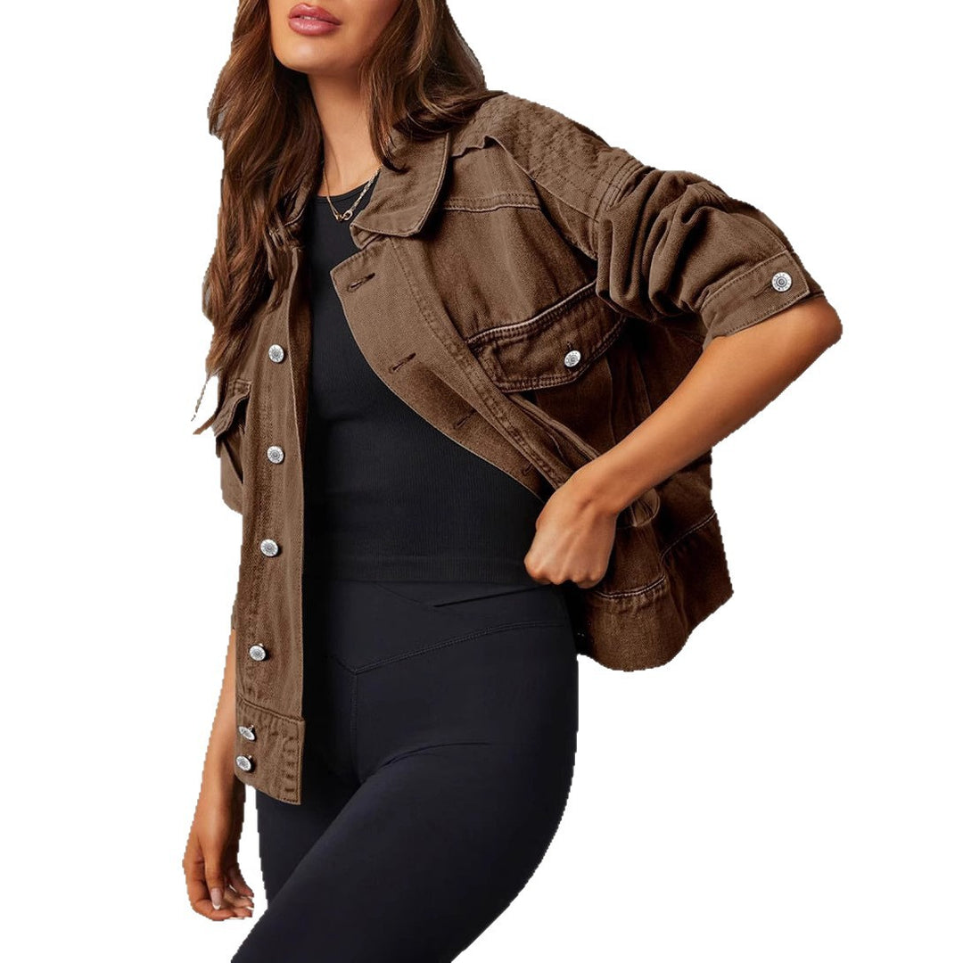 Damen nan kurze oversized Jeansjacke mit aufgesetzten Brusttaschen und krempelbaren Ärmeln Drune