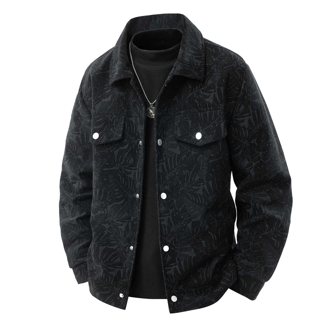 Herren Kordjacke im Truckerstil mit tonalem Blattmuster, Druckknopf‑Front und Pattentaschen Drune