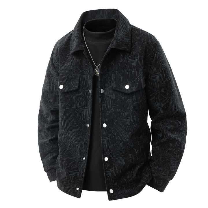 Herren Kordjacke im Truckerstil mit tonalem Blattmuster, Druckknopf‑Front und Pattentaschen Drune