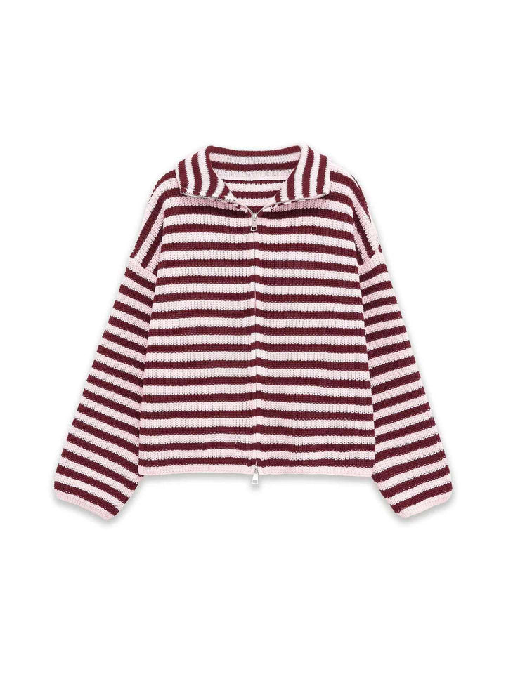 Damen gestreifte Strickjacke mit bequemer Kapuze und Reißverschluss Drune