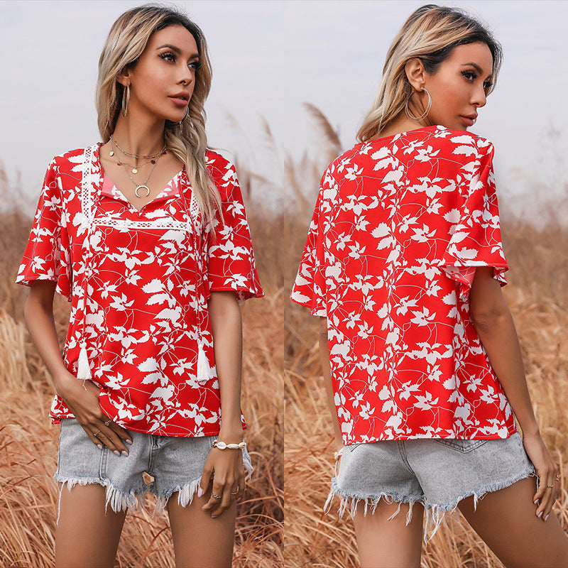 Damen Bluse mit floralem Muster und elegantem V-Ausschnitt Drune