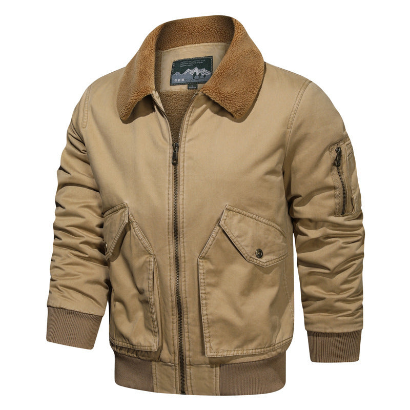 Herren Vintage Canvas Bomberjacke mit Sherpa-Kragen und verstärkten Klappentaschen Drune